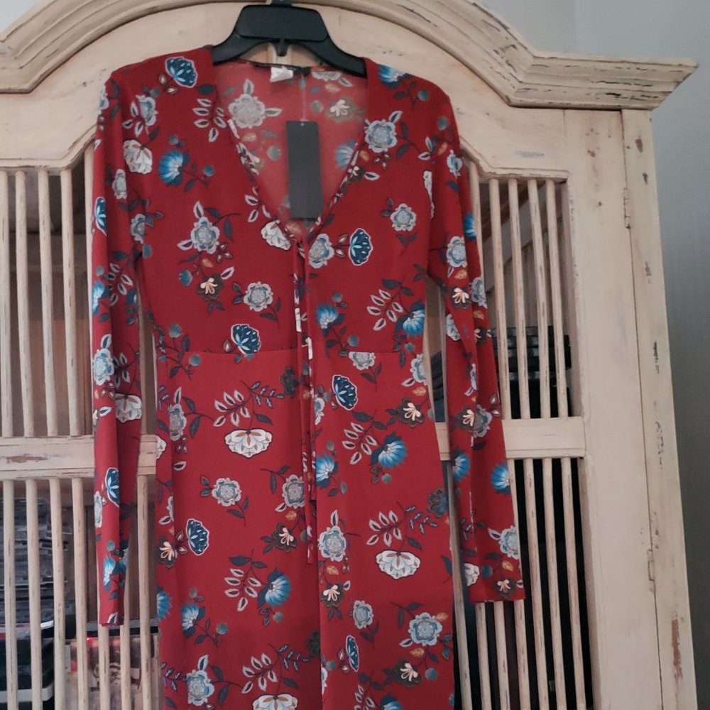 Long Sleeve Red Floral Print Dress
